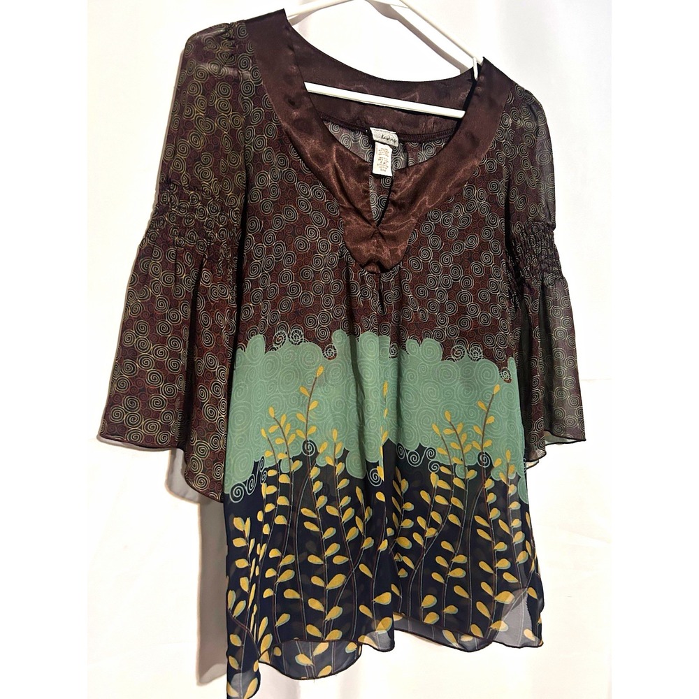 Daytrip Women's Floral Chiffon Sheer V-Neck 3/4 Sleeve Tunic Blouse S